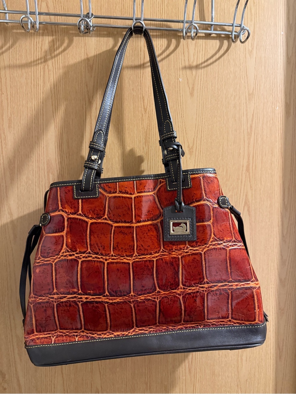 Dooney & Bourke Red Croc-Embossed Shoulder Bag with Black Trim